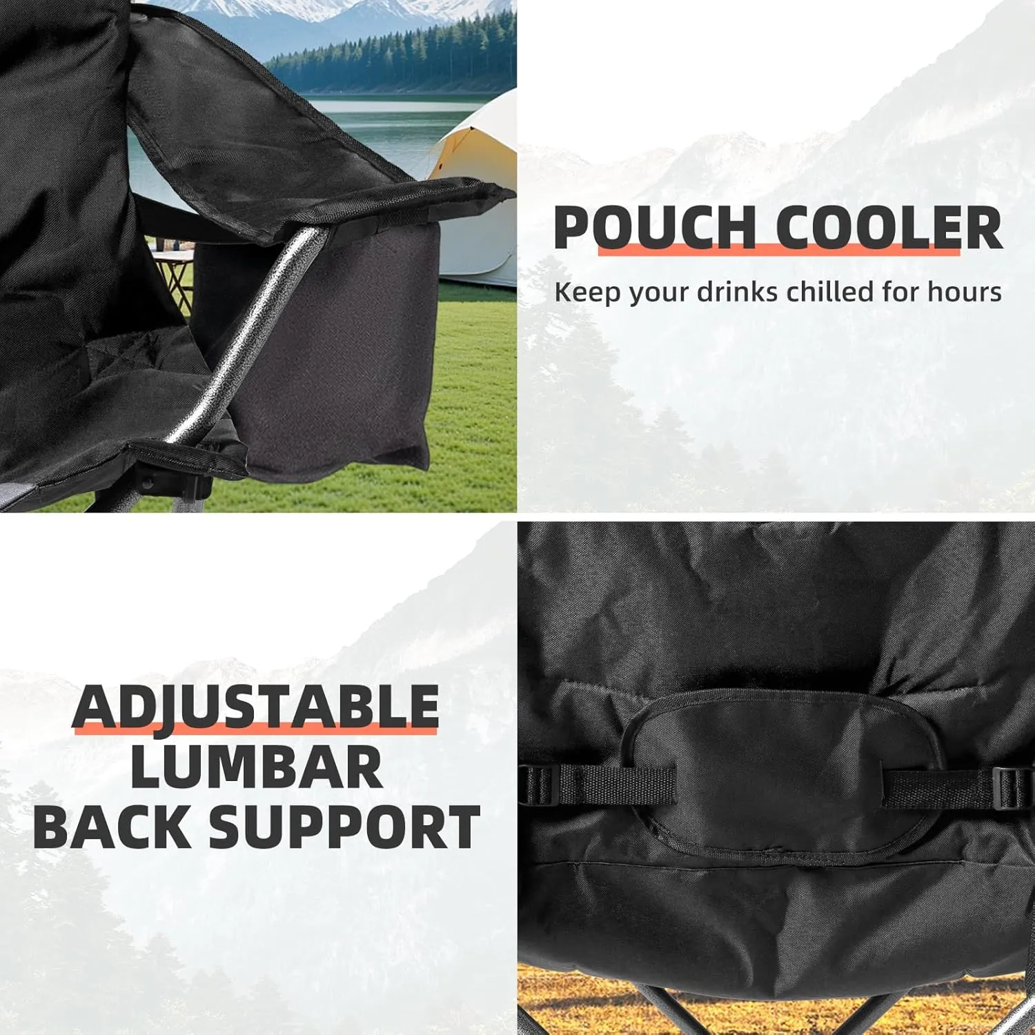 2 Pack Folding Camping Chairs Set of 2 for Adults High Back Padded Lawn Chairs Portable Outdoor Camp Chairs, 400lbs Capacity, Black & Gray