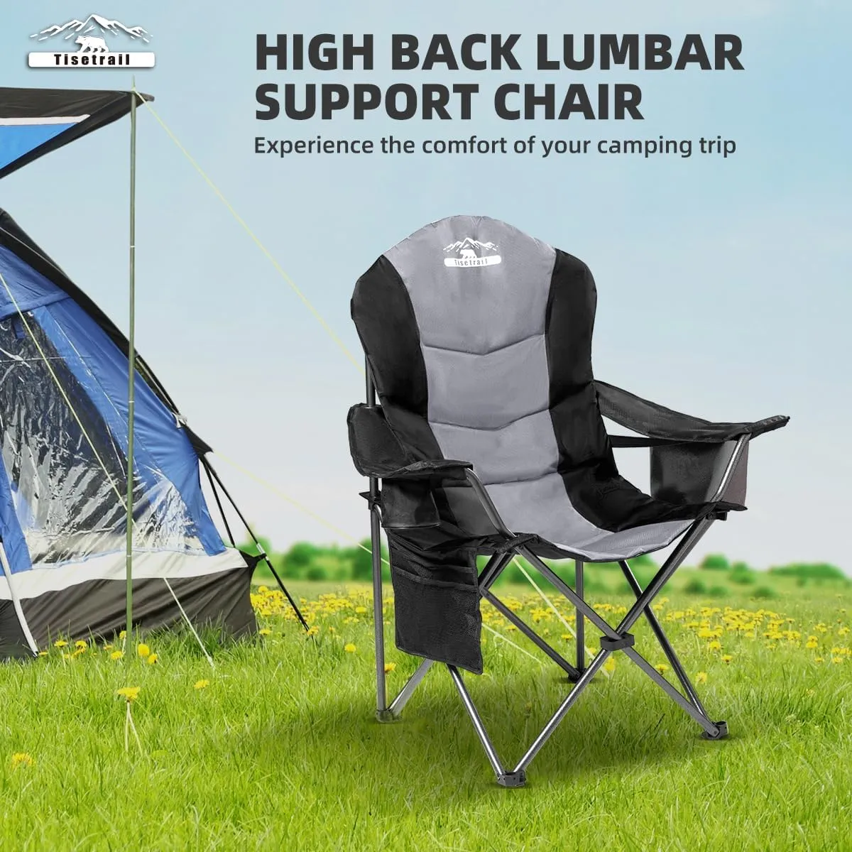 2 Pack Folding Camping Chairs Set of 2 for Adults High Back Padded Lawn Chairs Portable Outdoor Camp Chairs, 400lbs Capacity, Black & Gray