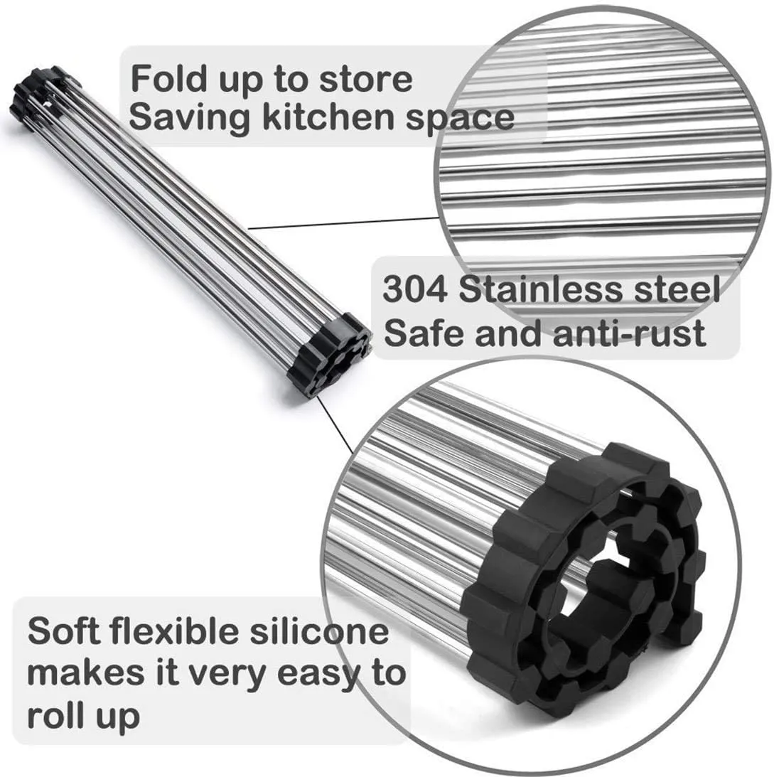 2 Pack Large Stainless Steel Roll Up Dish Drying Rack With Utensil Holder For Home Kitchen