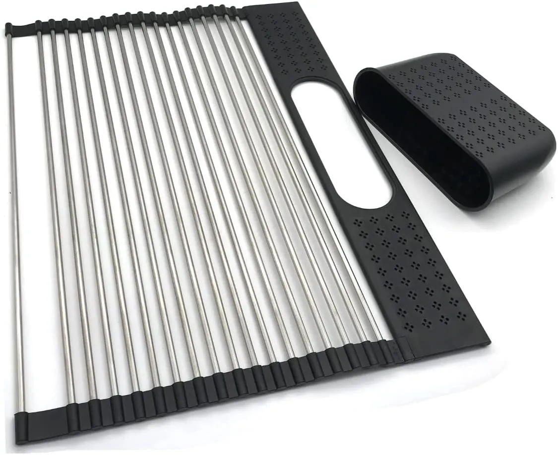2 Pack Large Stainless Steel Roll Up Dish Drying Rack With Utensil Holder For Home Kitchen
