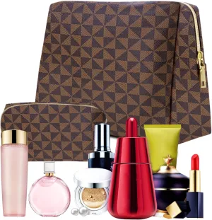 2 Pack Leather Checkered Makeup Bag, Portable Travel Cosmetic Bag, Large Capacity and Waterproof Toiletries Bag