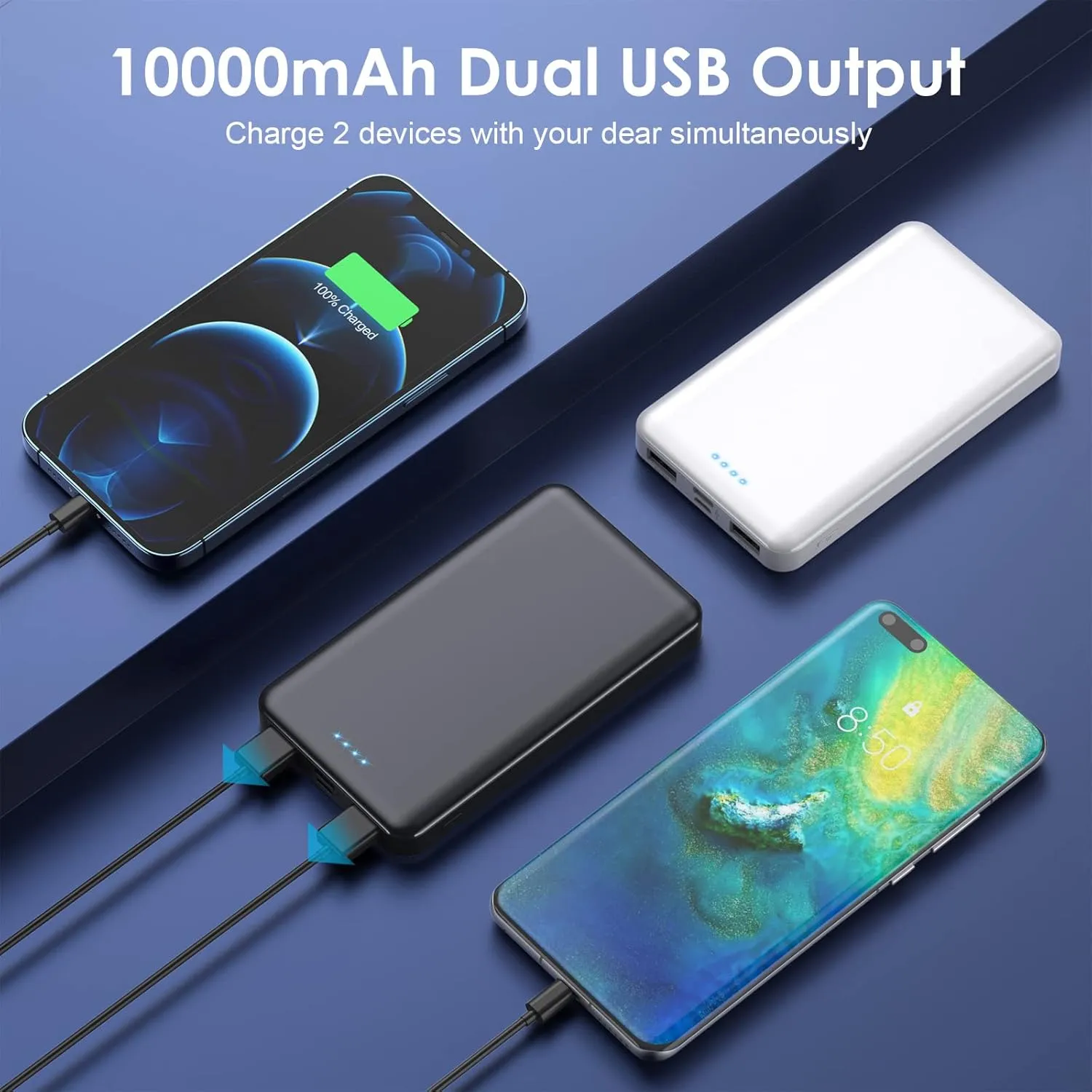 [2 Pack] Portable Charger Power Bank 10000mAh,Ultra Slim Compact External Battery Pack with USB C Input & Dual USB Outputs Backup Charger Compatible with iPhone 13,12, Samsung S20,Tablet -Black White
