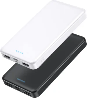 [2 Pack] Portable Charger Power Bank 10000mAh,Ultra Slim Compact External Battery Pack with USB C Input & Dual USB Outputs Backup Charger Compatible with iPhone 13,12, Samsung S20,Tablet -Black White
