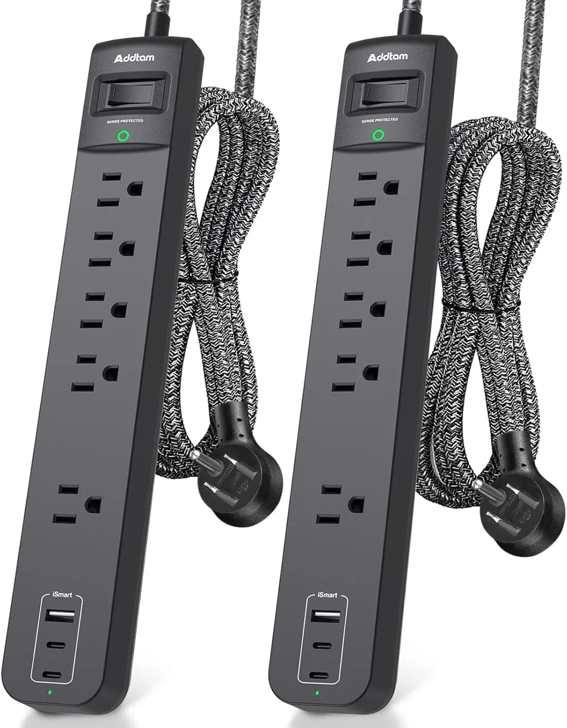 2 Pack Power Strip Surge Protector - 5 Widely Spaced Outlets 3 USB Charging Ports, 1875W/15A with 6Ft Braided Extension Cord, Flat Plug, Overload Surge Protection, Wall Mount for Home Office