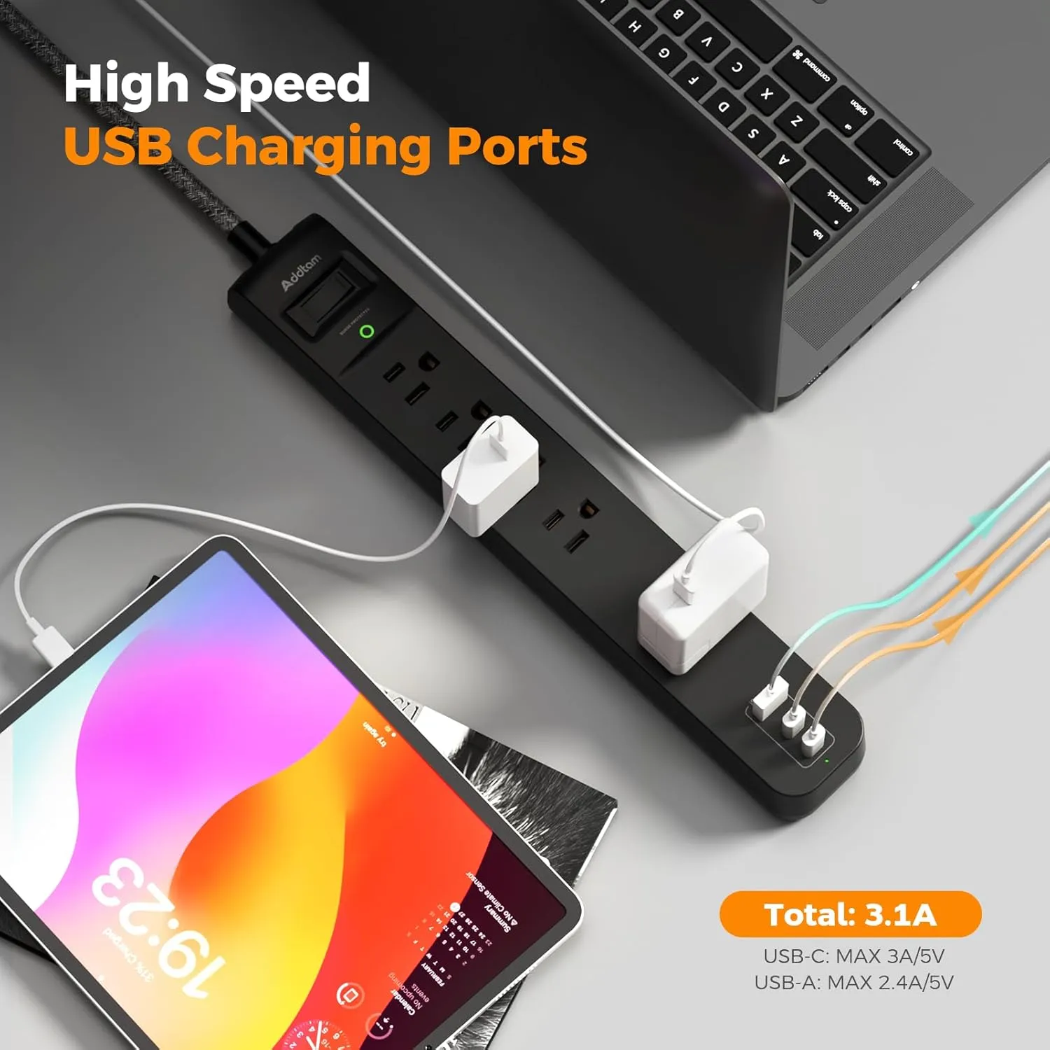 2 Pack Power Strip Surge Protector - 5 Widely Spaced Outlets 3 USB Charging Ports, 1875W/15A with 6Ft Braided Extension Cord, Flat Plug, Overload Surge Protection, Wall Mount for Home Office