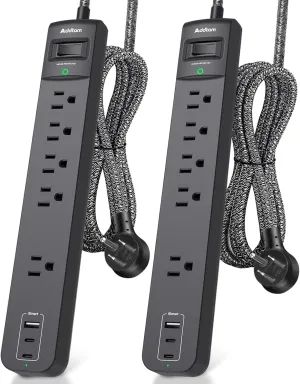 2 Pack Power Strip Surge Protector - 5 Widely Spaced Outlets 3 USB Charging Ports, 1875W/15A with 6Ft Braided Extension Cord, Flat Plug, Overload Surge Protection, Wall Mount for Home Office