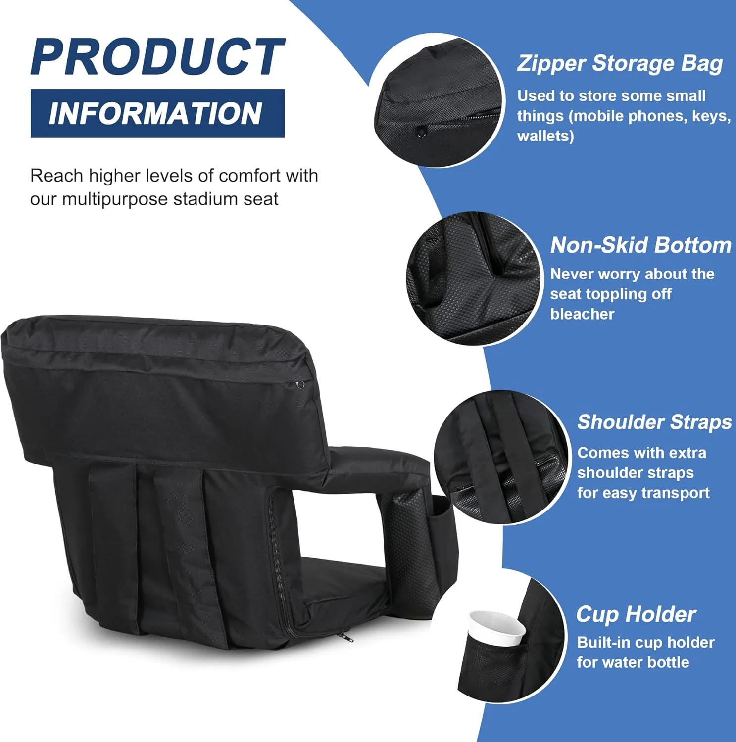 2 Pack Stadium Seats for Bleachers w/Back Support Padded Cushions 20.5"/25" Wide Comfortable Bleacher Chairs, Portable & Reclining Design - Ideal for Camping, Stadium Events