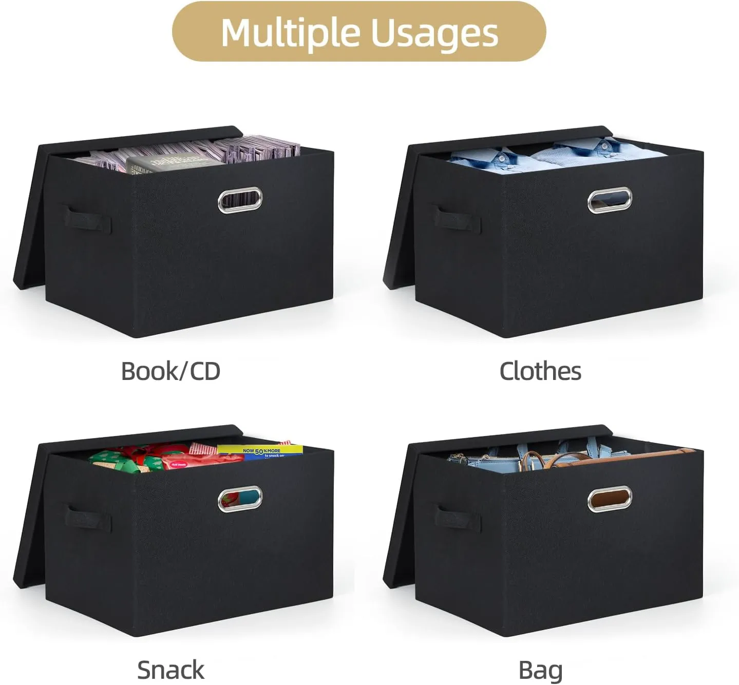 2-Pack Storage Bins with Lid, 16.6x12.3x11.1 Inch Fabric Cube Bins Organizer Basket Foldable Storage Box Containers with Handles for Closet Shelf Home Office Utility Room - Black