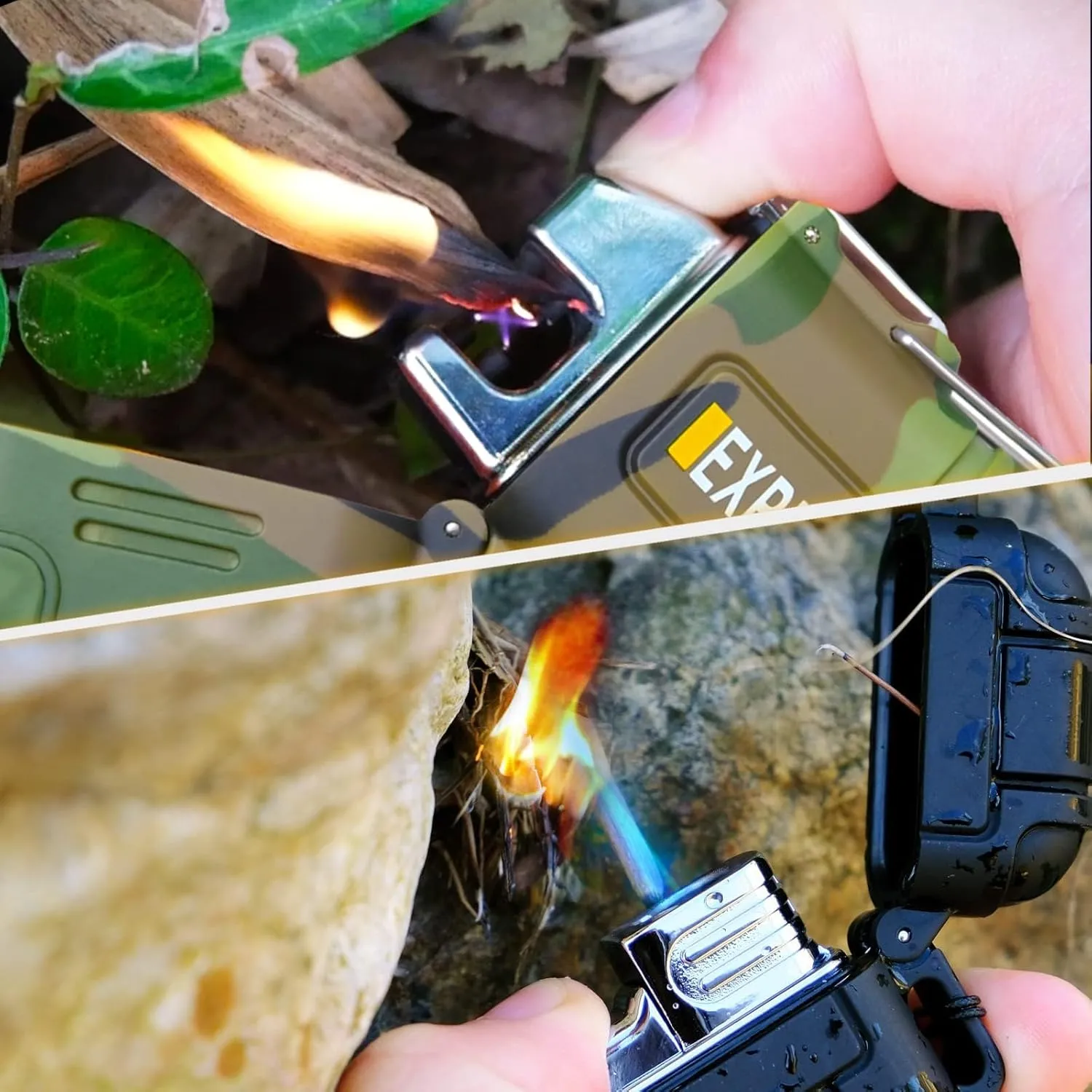 2 Pack Waterproof Lighter, Outdoor Windproof Flashlight Lighter Dual Arc Lighter, Butane Electric Lighter USB Rechargeable Lighter Flameless Plasma Lighter (Butane Not Included) (Black)(Black)