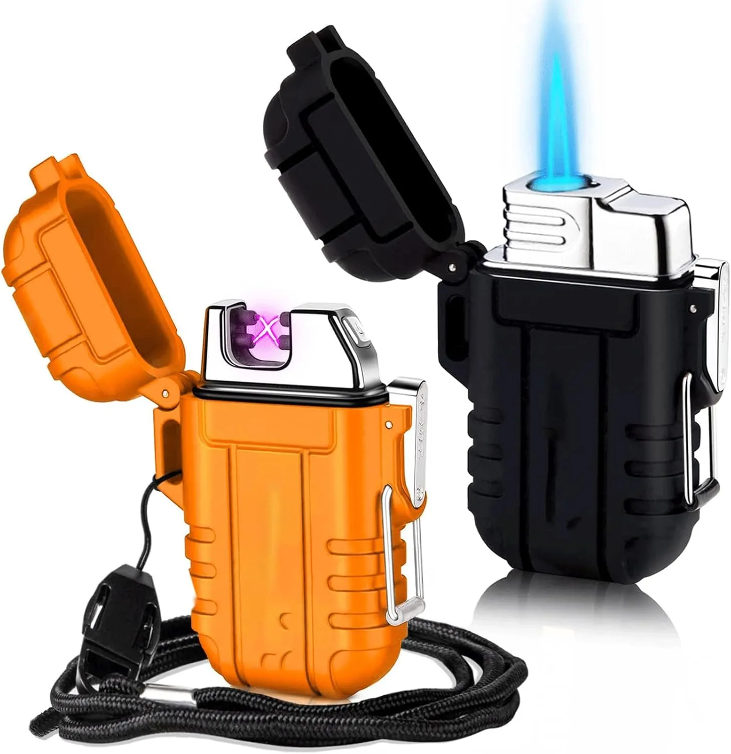 2 Pack Waterproof Lighter, Outdoor Windproof Flashlight Lighter Dual Arc Lighter, Butane Electric Lighter USB Rechargeable Lighter Flameless Plasma Lighter (Butane Not Included) (Black)(Black)