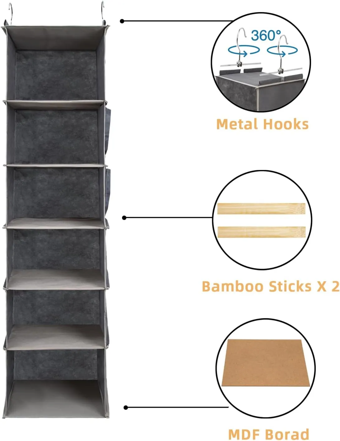 2 Packs Hanging Closet Organizer, 6-Shelf Closet Organizers and Storage with Side Pockets, Collapsible Hanging Shelves for Closet & RV & College Dorm,Grey
