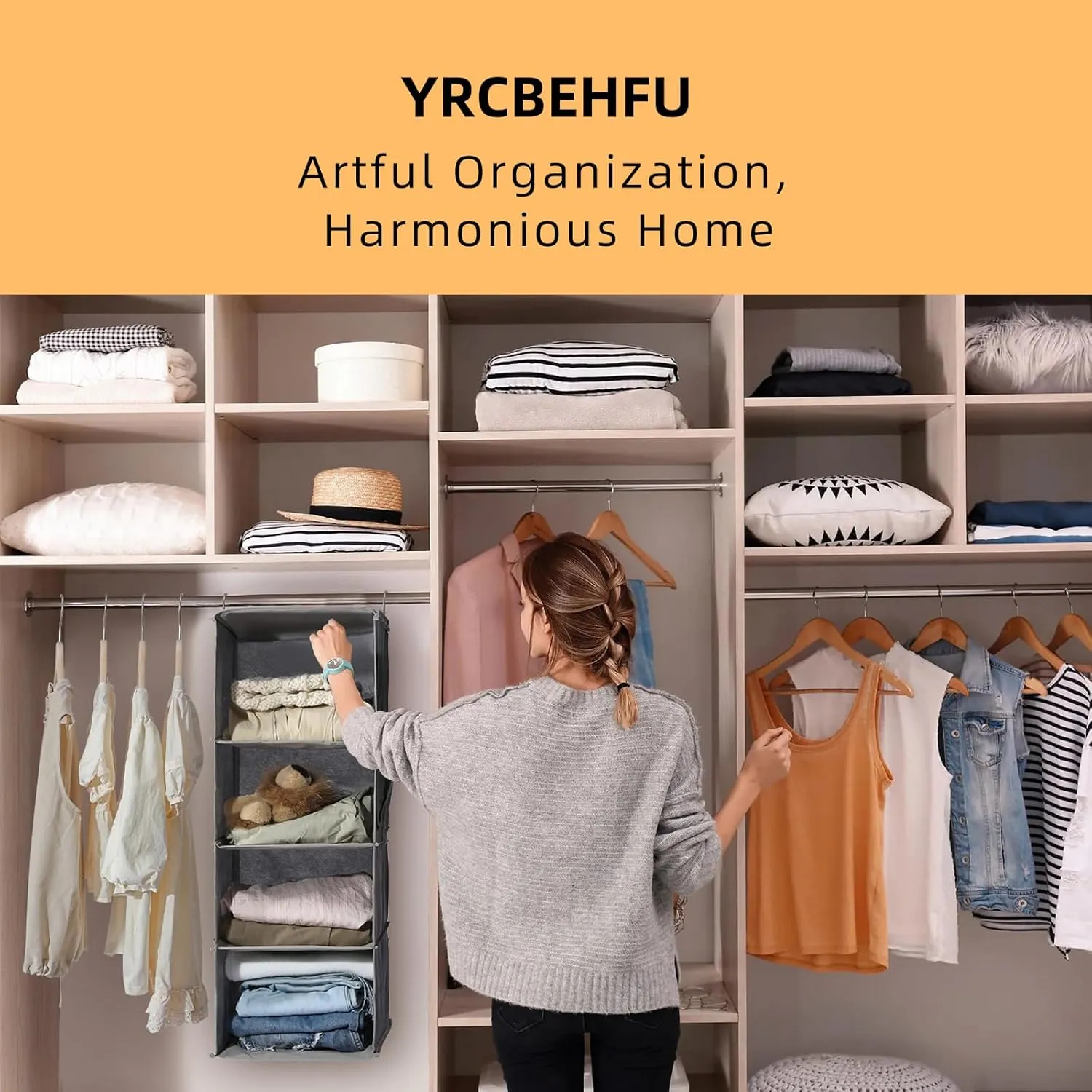 2 Packs Hanging Closet Organizer, 6-Shelf Closet Organizers and Storage with Side Pockets, Collapsible Hanging Shelves for Closet & RV & College Dorm,Grey