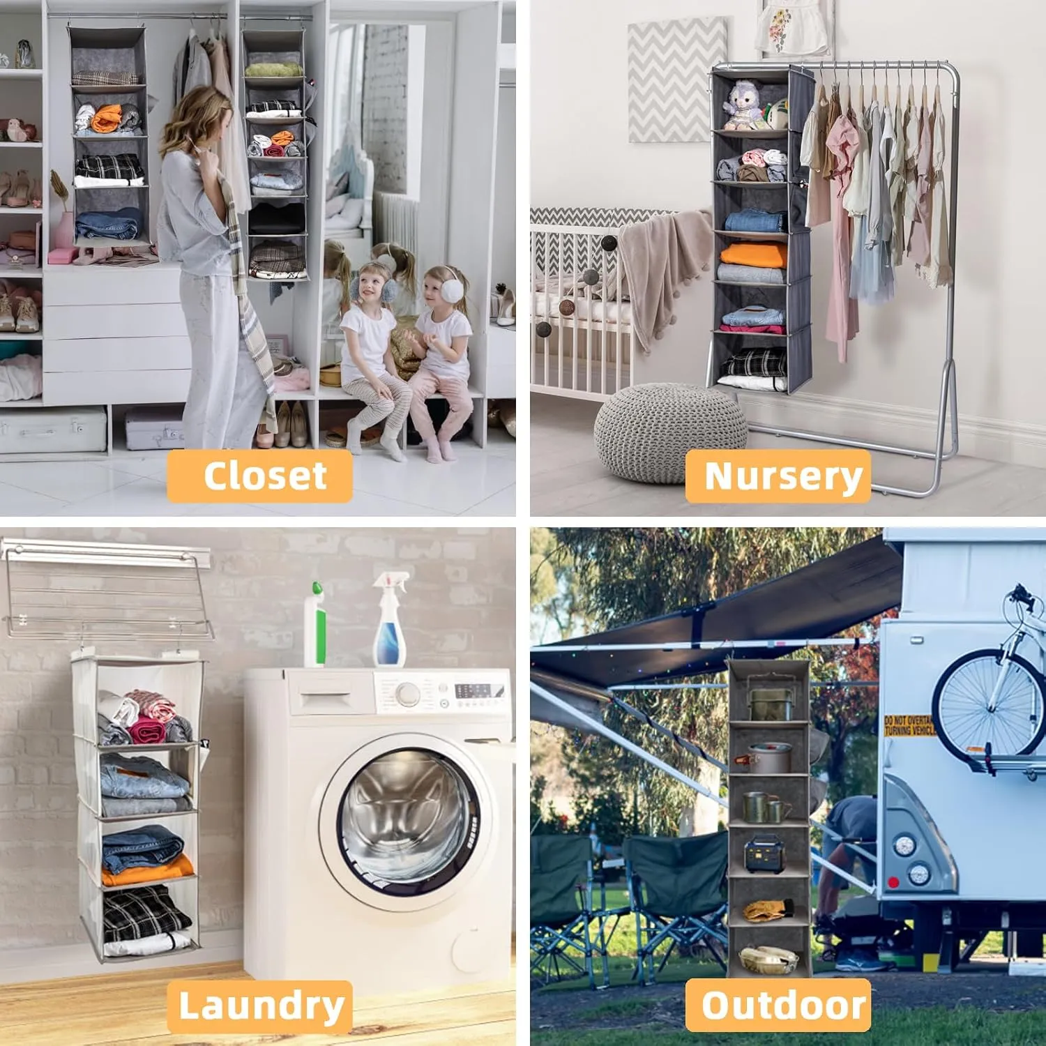 2 Packs Hanging Closet Organizer, 6-Shelf Closet Organizers and Storage with Side Pockets, Collapsible Hanging Shelves for Closet & RV & College Dorm,Grey