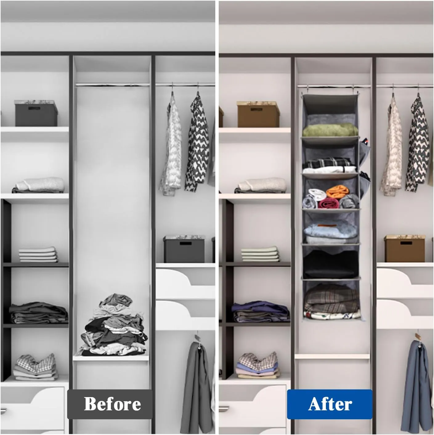 2 Packs Hanging Closet Organizer, 6-Shelf Closet Organizers and Storage with Side Pockets, Collapsible Hanging Shelves for Closet & RV & College Dorm,Grey