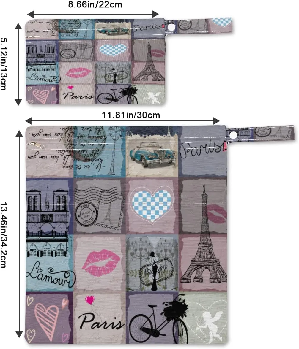 2 PCs Wet Dry Bag Romantic Paris Vintage Element Diaper Bag Wet Swimsuit Bag Waterproof Cloth Wet Bag Reusable Diapers for Toiletries Travel Beach Pool Stroller Gym