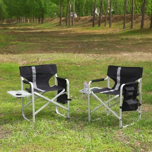 2-Piece Padded Folding Outdoor Chair with Side Table and Storage Pouch, Camping Lawn Picnic Beach & Fishing, Lightweight Folding Directors Chairs Outdoor (Black Gray)