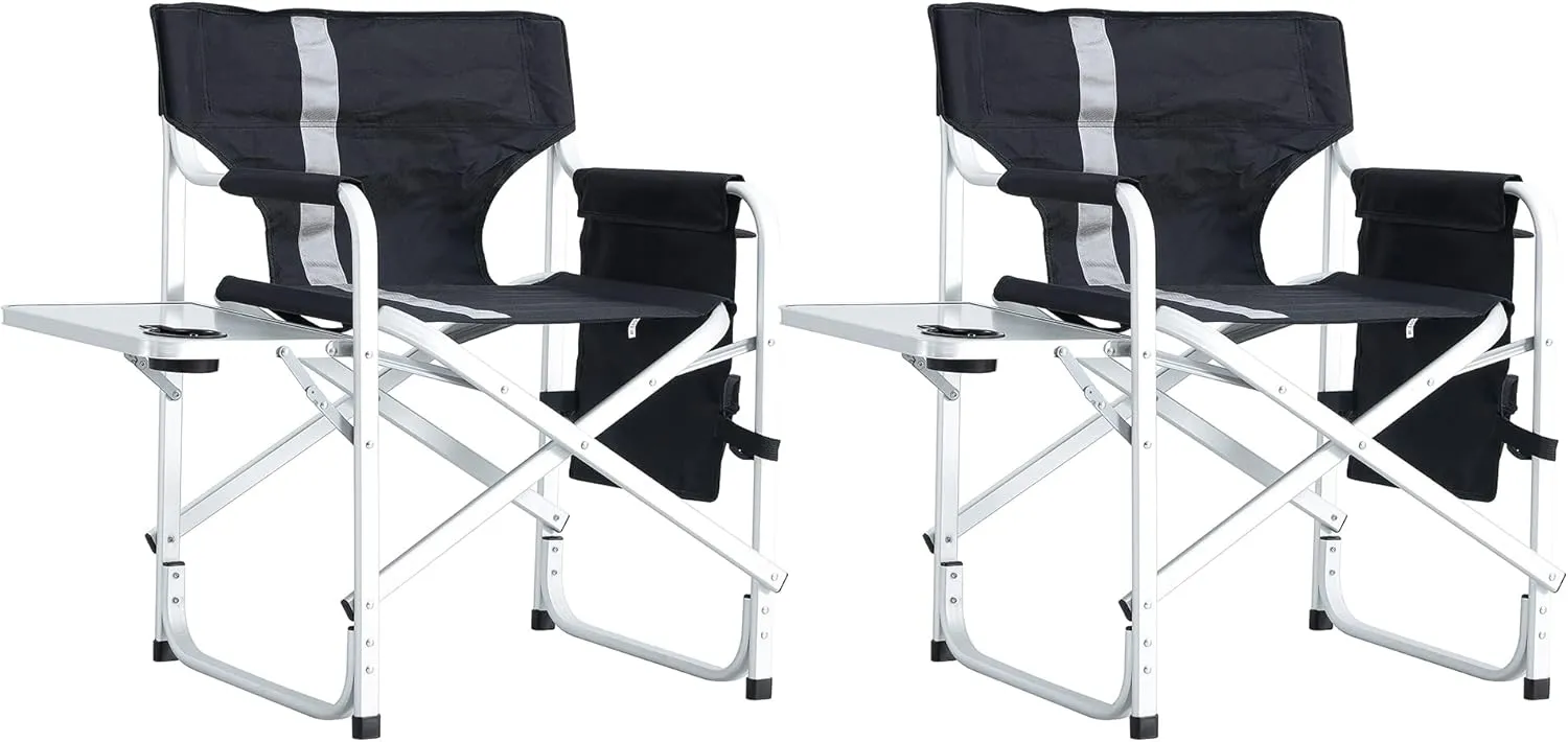 2-Piece Padded Folding Outdoor Chair with Side Table and Storage Pouch, Camping Lawn Picnic Beach & Fishing, Lightweight Folding Directors Chairs Outdoor (Black Gray)