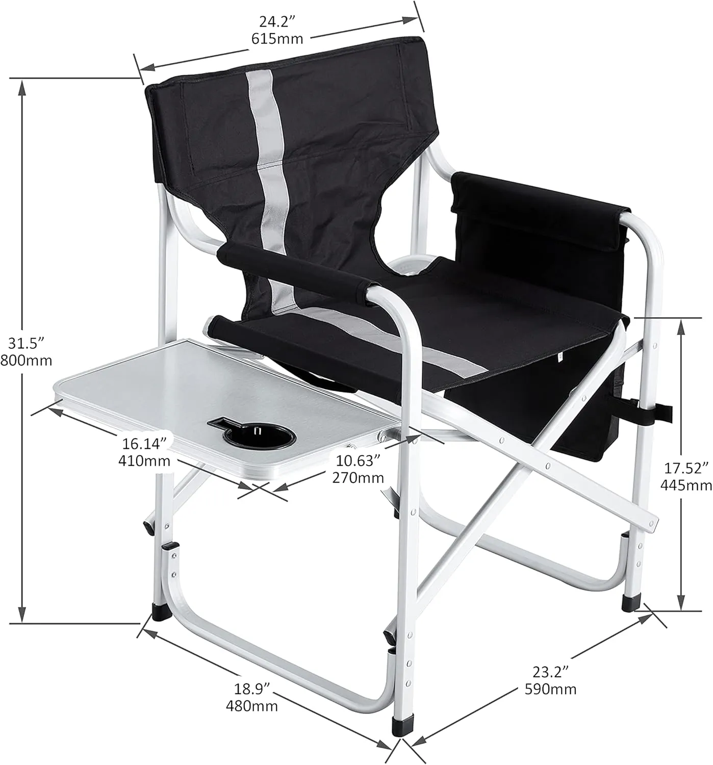 2-Piece Padded Folding Outdoor Chair with Side Table and Storage Pouch, Camping Lawn Picnic Beach & Fishing, Lightweight Folding Directors Chairs Outdoor (Black Gray)