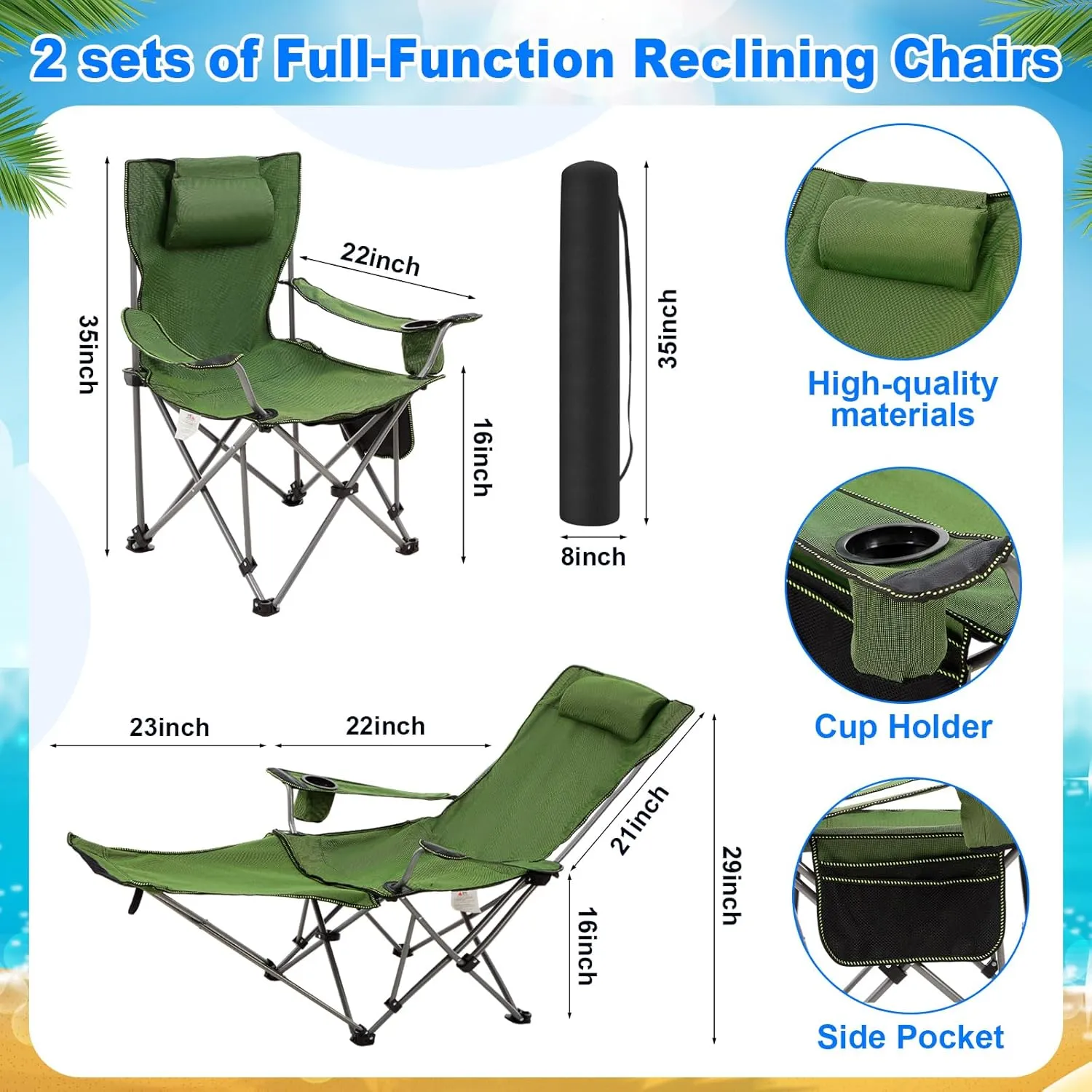 2 Set Reclining Camping Chair with Umbrella for Adult Folding Camping Chair with Foot Rest Adjustable Clamp Canopy Shade, SPF 50 , Lounger for Outdoor Spring Summer Travel(Green,Oxford)