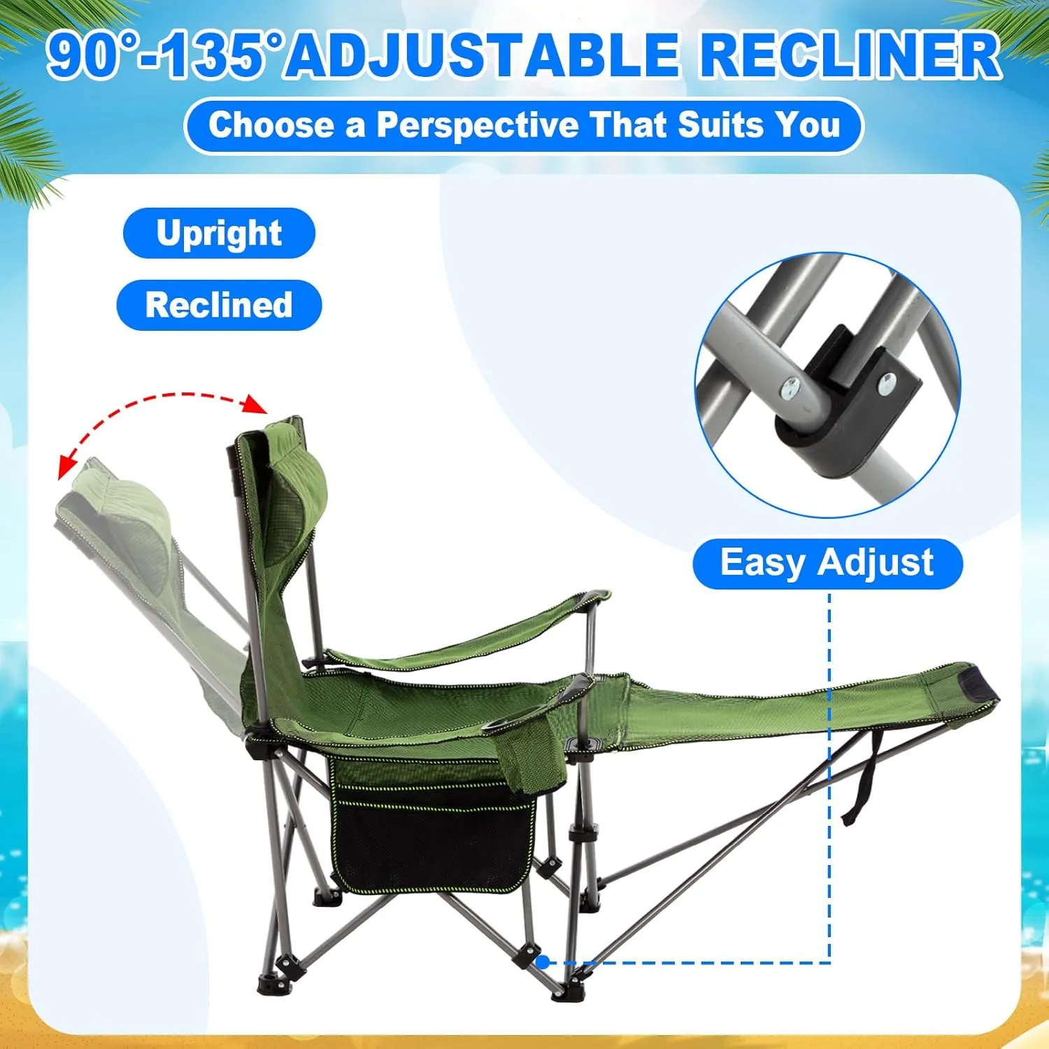2 Set Reclining Camping Chair with Umbrella for Adult Folding Camping Chair with Foot Rest Adjustable Clamp Canopy Shade, SPF 50 , Lounger for Outdoor Spring Summer Travel(Green,Oxford)