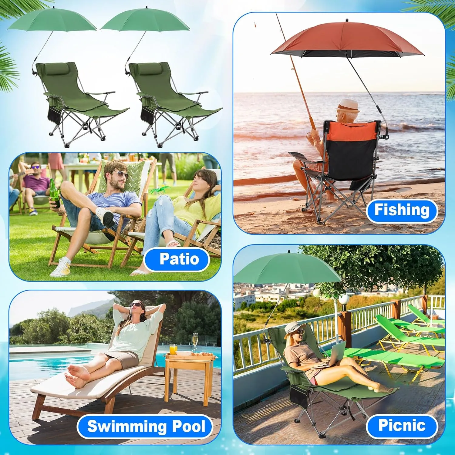 2 Set Reclining Camping Chair with Umbrella for Adult Folding Camping Chair with Foot Rest Adjustable Clamp Canopy Shade, SPF 50 , Lounger for Outdoor Spring Summer Travel(Green,Oxford)