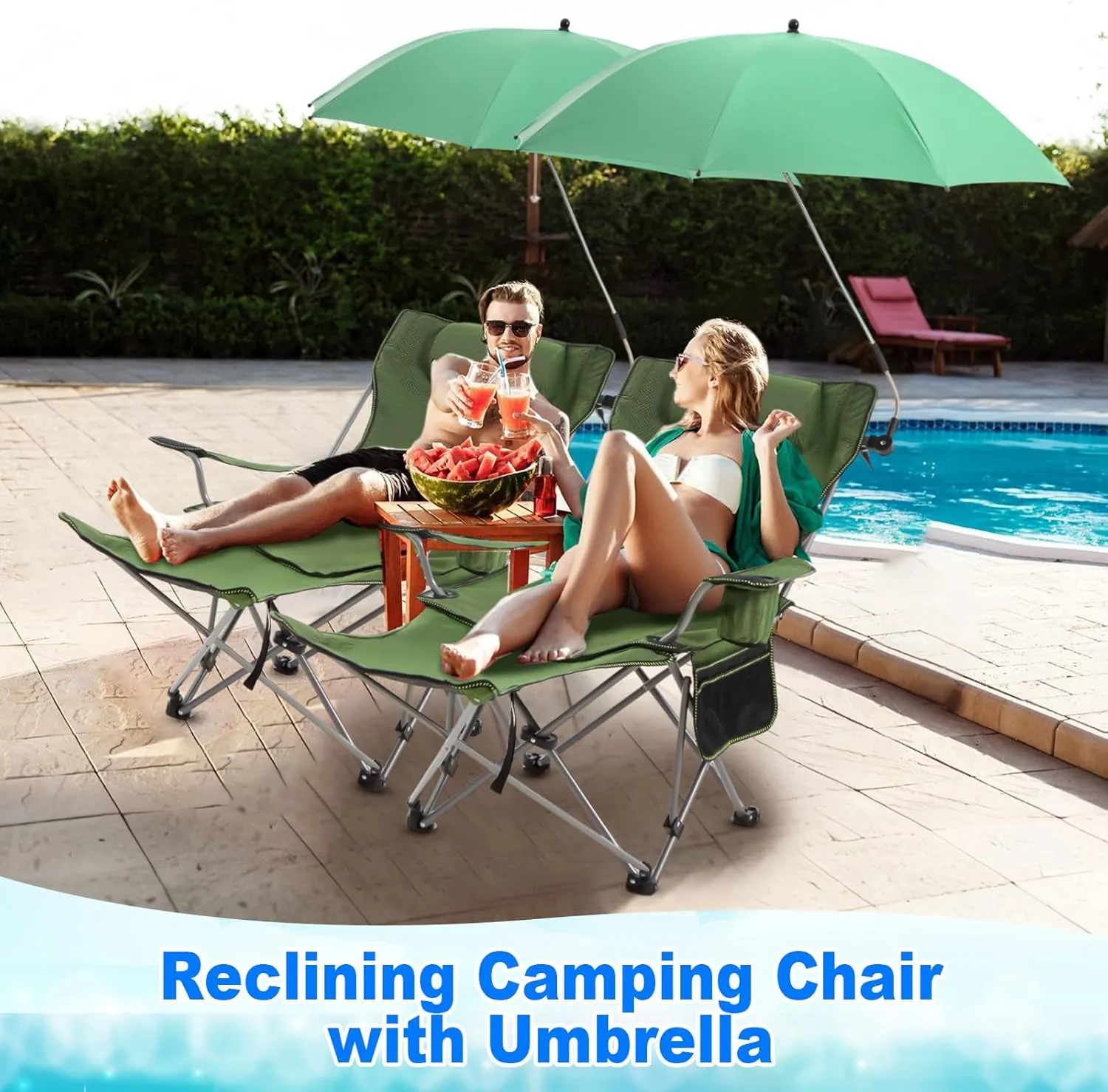 2 Set Reclining Camping Chair with Umbrella for Adult Folding Camping Chair with Foot Rest Adjustable Clamp Canopy Shade, SPF 50 , Lounger for Outdoor Spring Summer Travel(Green,Oxford)