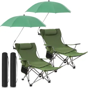 2 Set Reclining Camping Chair with Umbrella for Adult Folding Camping Chair with Foot Rest Adjustable Clamp Canopy Shade, SPF 50 , Lounger for Outdoor Spring Summer Travel(Green,Oxford)