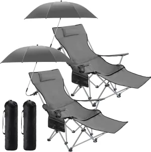 2 Set Reclining Camping Chair with Umbrella for Adult Folding Camping Chair with Foot Rest Adjustable Clamp Canopy Shade, SPF 50 , Lounger for Outdoor Spring Summer Travel(Grey,Vintage)