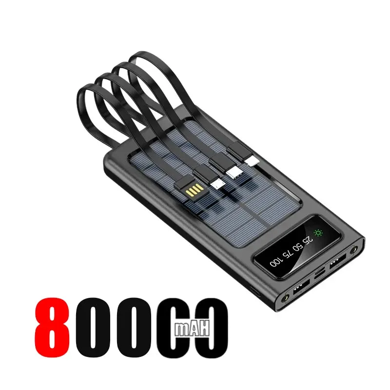 200,000mAh Solar Power Bank with Built-In Cables and LED Light, Fast Charging Dual USB Ports Charger for iPhone