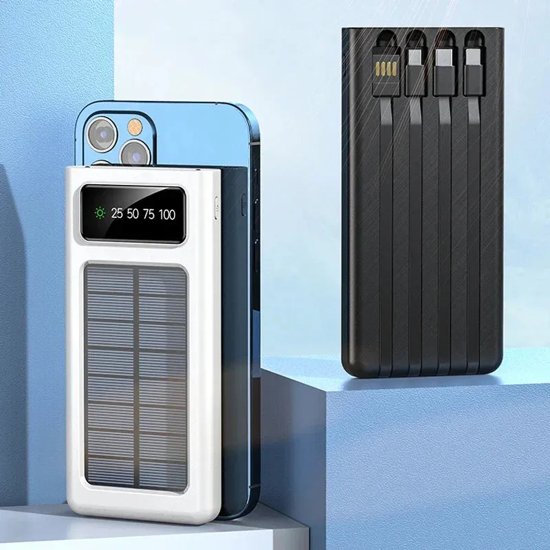 200,000mAh Solar Power Bank with Built-In Cables and LED Light, Fast Charging Dual USB Ports Charger for iPhone