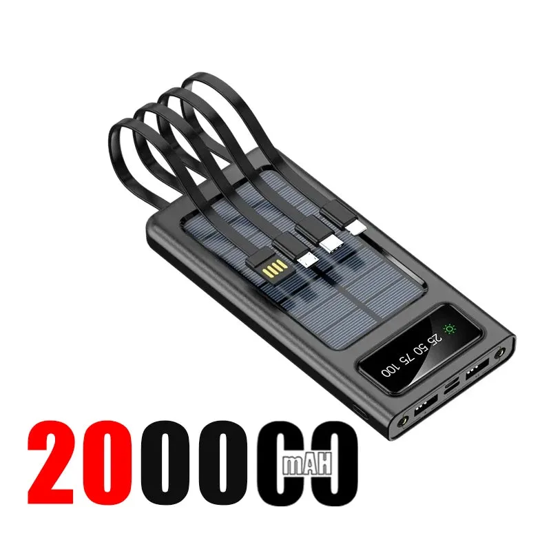 200,000mAh Solar Power Bank with Built-In Cables and LED Light, Fast Charging Dual USB Ports Charger for iPhone