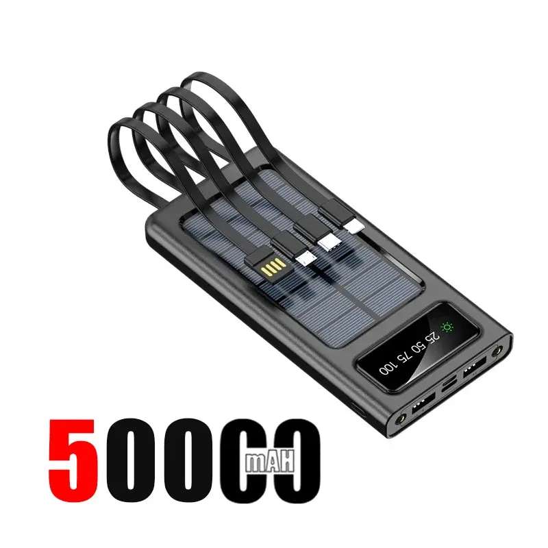 200,000mAh Solar Power Bank with Built-In Cables and LED Light, Fast Charging Dual USB Ports Charger for iPhone