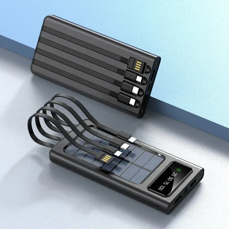 200,000mAh Solar Power Bank with Built-In Cables and LED Light, Fast Charging Dual USB Ports Charger for iPhone