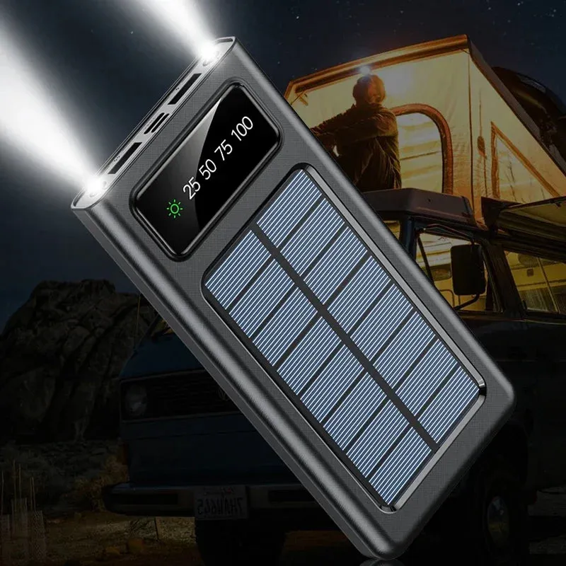 200,000mAh Solar Power Bank with Built-In Cables and LED Light, Fast Charging Dual USB Ports Charger for iPhone