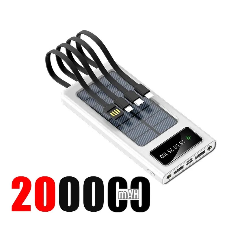 200,000mAh Solar Power Bank with Built-In Cables and LED Light, Fast Charging Dual USB Ports Charger for iPhone