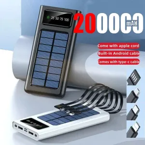 200,000mAh Solar Power Bank with Built-In Cables and LED Light, Fast Charging Dual USB Ports Charger for iPhone