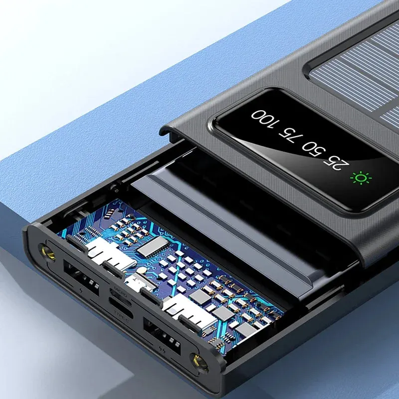 200,000mAh Solar Power Bank with Built-In Cables and LED Light, Fast Charging Dual USB Ports Charger for iPhone