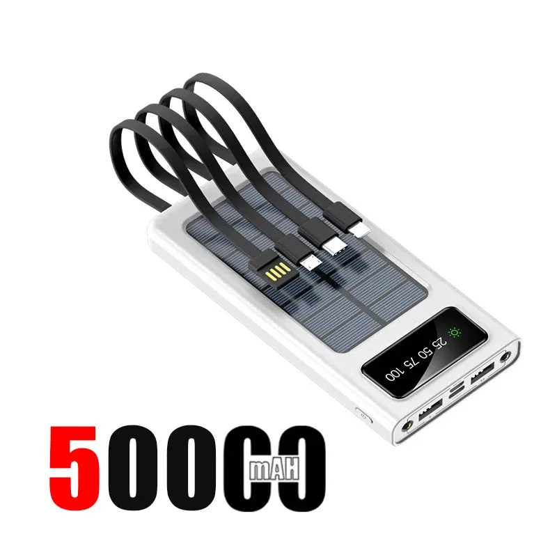 200,000mAh Solar Power Bank with Built-In Cables and LED Light, Fast Charging Dual USB Ports Charger for iPhone