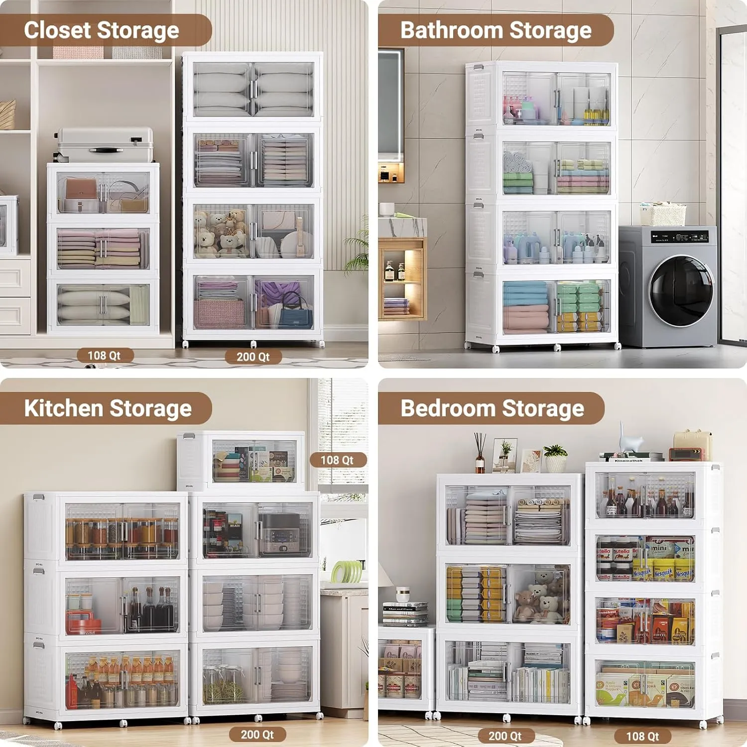 200Gal Plastic Storage Bins with Lid and Wheels, 4Pack Extra Large Stackable Storage Bins with Dividers, Closet Organizers and Storage Cabinet Shelves Collapsible Box for Home Garage, White