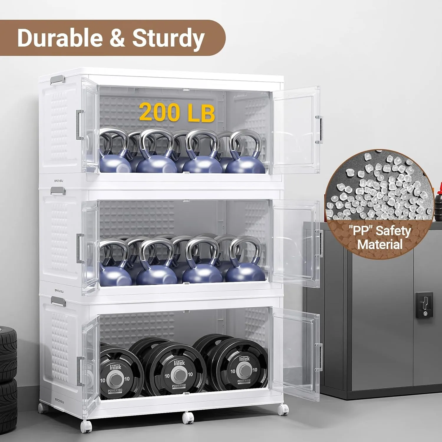200Gal Plastic Storage Bins with Lid and Wheels, 4Pack Extra Large Stackable Storage Bins with Dividers, Closet Organizers and Storage Cabinet Shelves Collapsible Box for Home Garage, White