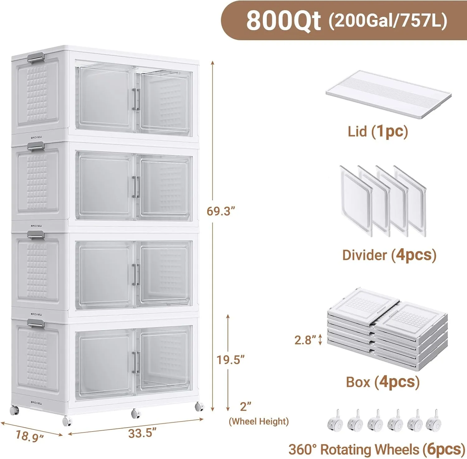 200Gal Plastic Storage Bins with Lid and Wheels, 4Pack Extra Large Stackable Storage Bins with Dividers, Closet Organizers and Storage Cabinet Shelves Collapsible Box for Home Garage, White