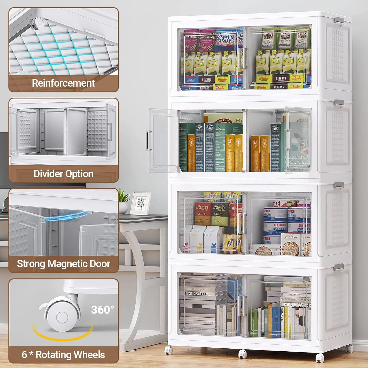 200Gal Plastic Storage Bins with Lid and Wheels, 4Pack Extra Large Stackable Storage Bins with Dividers, Closet Organizers and Storage Cabinet Shelves Collapsible Box for Home Garage, White