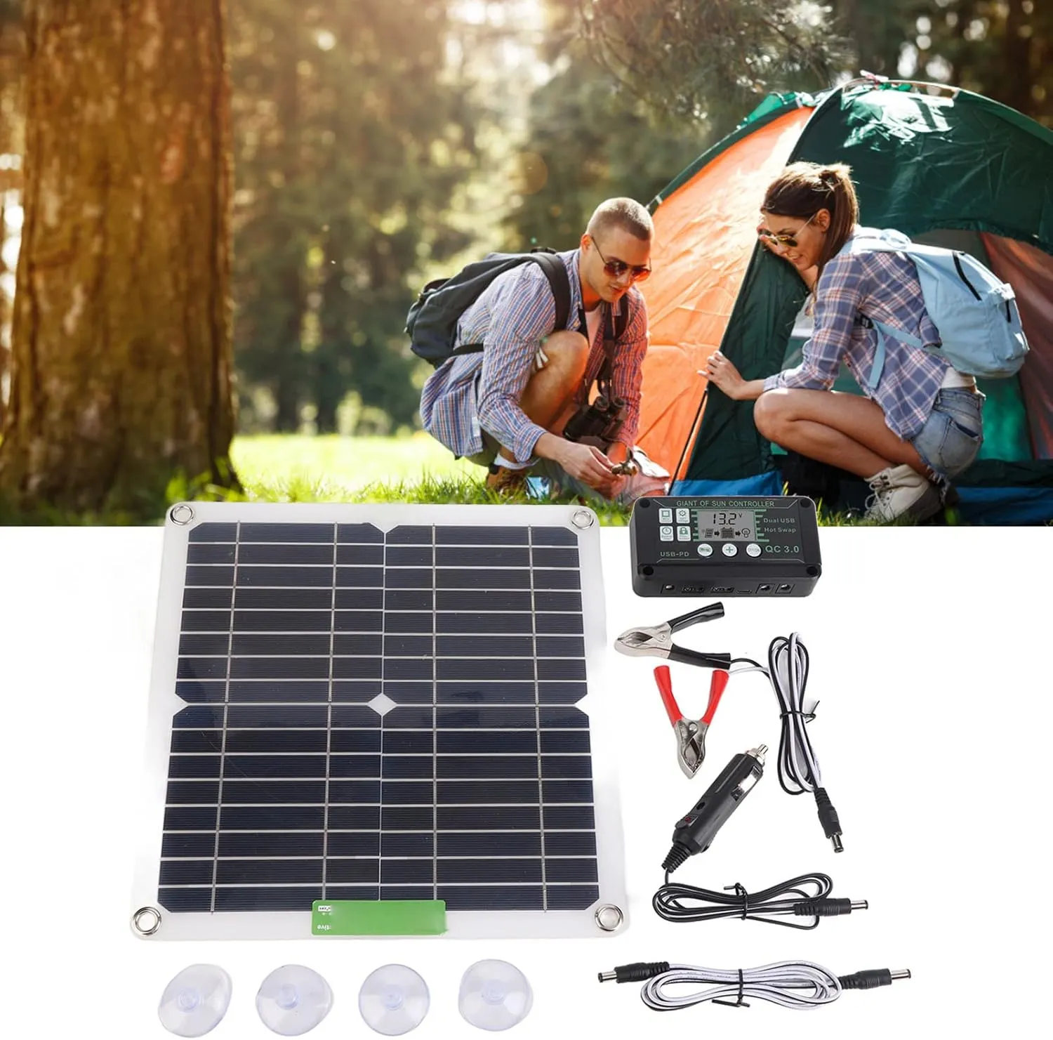 200W 12V Portable Solar Panel Kit, Solar Charge Controller Monocrystalline Solar Panel with Controller for Cycling Mountaineering Hiking Camping