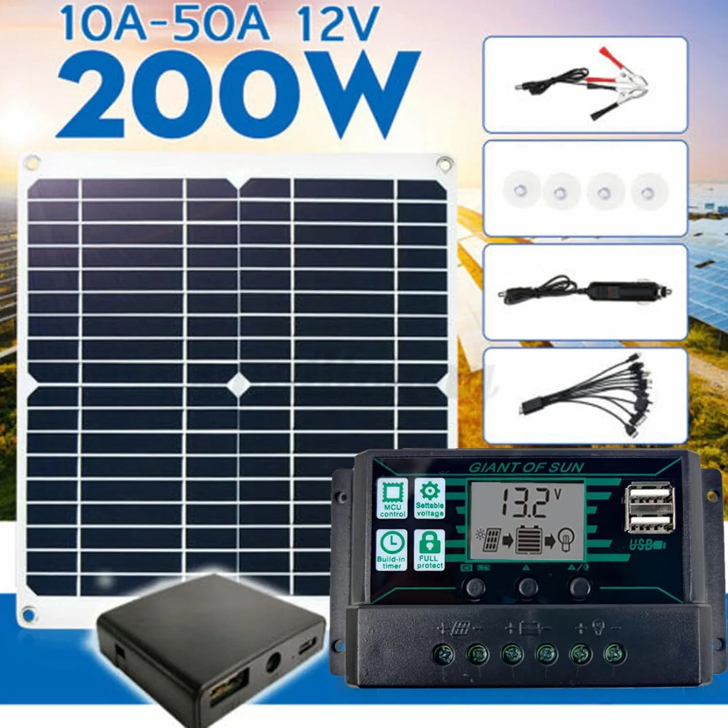 200W 12V Portable Solar Panel Kit, Solar Charge Controller Monocrystalline Solar Panel with Controller for Cycling Mountaineering Hiking Camping