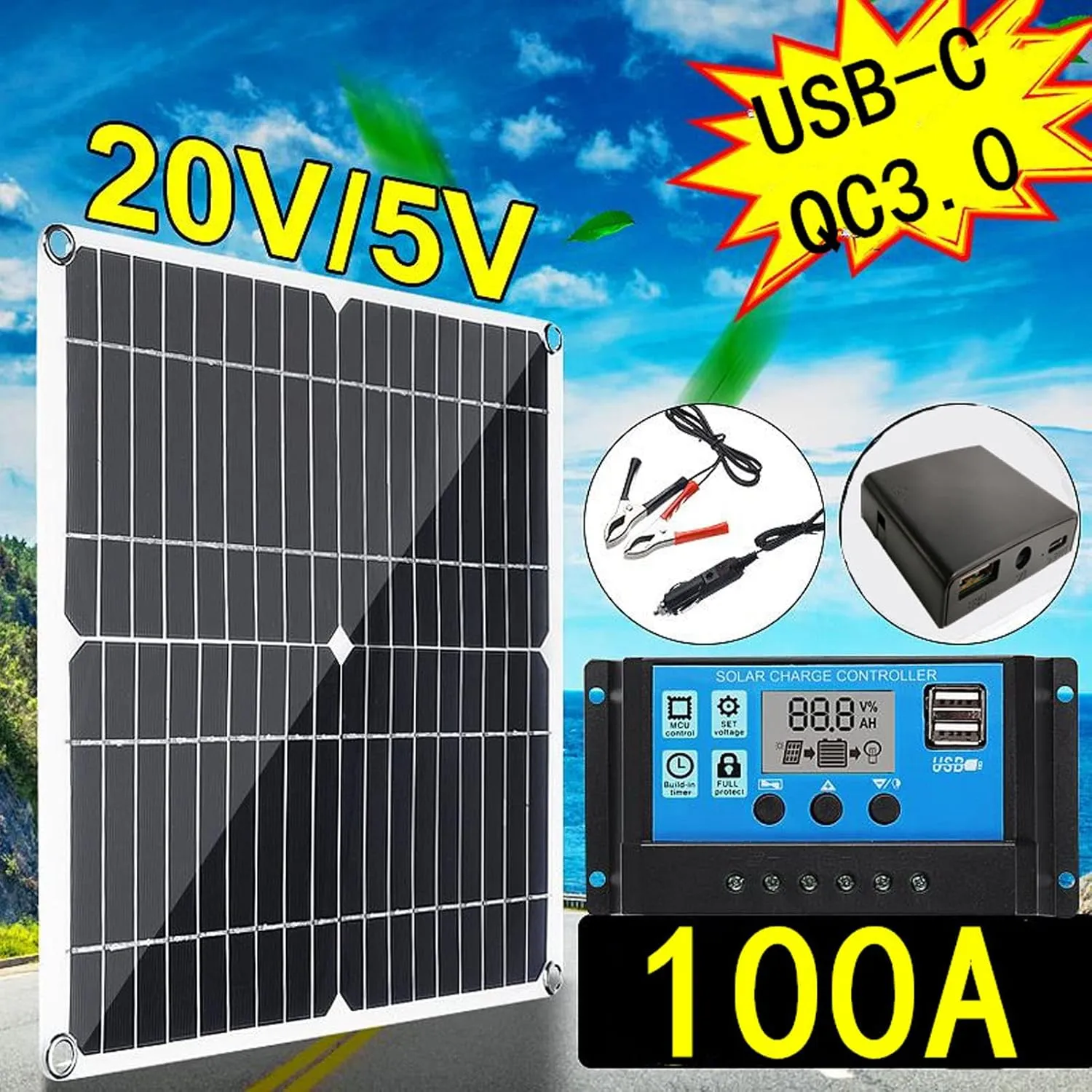 200W 12V Portable Solar Panel Kit, Solar Charge Controller Monocrystalline Solar Panel with Controller for Cycling Mountaineering Hiking Camping