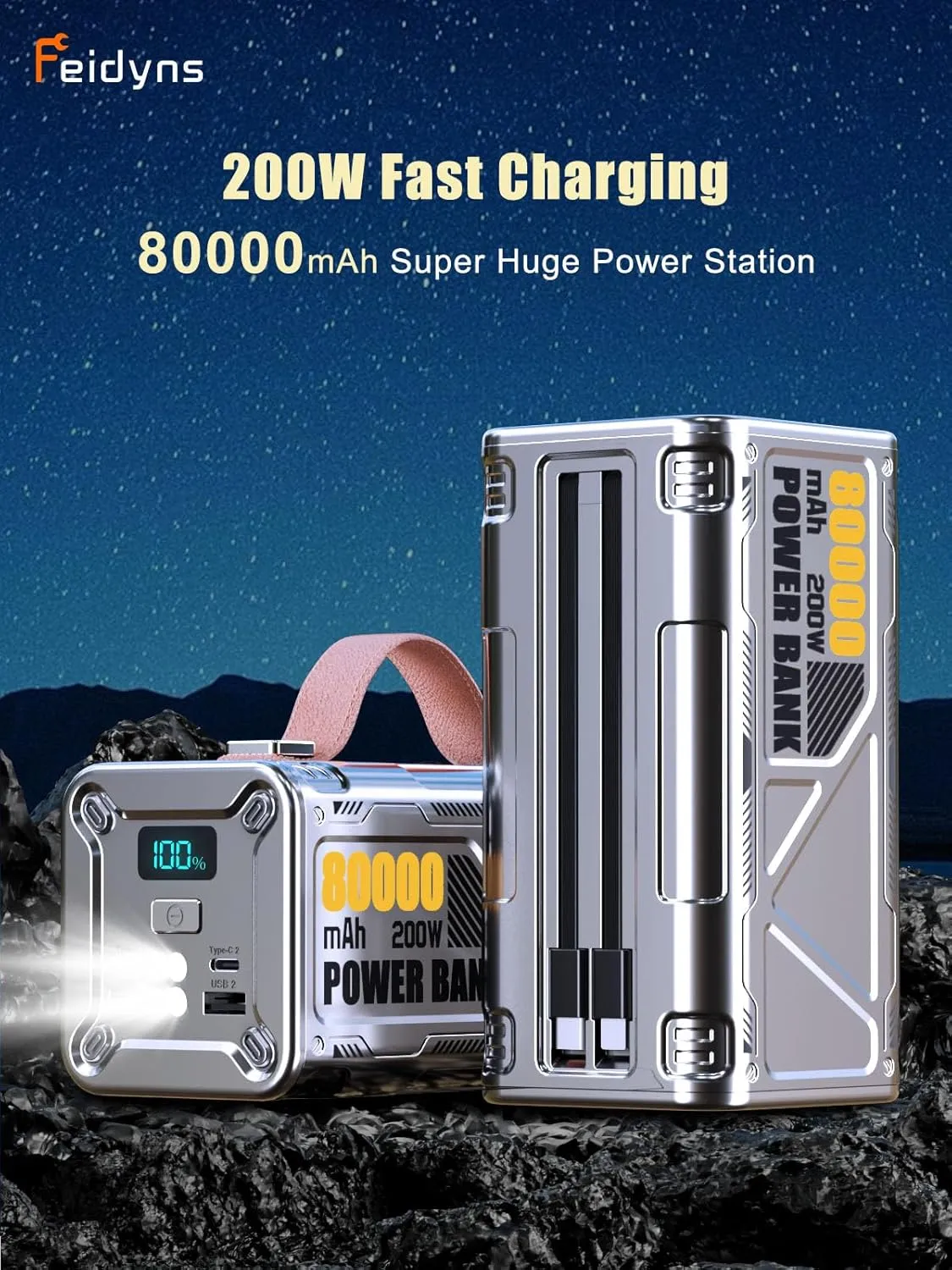 200W Laptop Power Bank 80,000mAh(296Wh), Laptop Portable Charger 6-in-1 Fast Charging Station with Triple USB-C Ports External Battery Pack,Built-in Cables for MacBook Pro,iPad Pro,Galaxy,Steam Deck