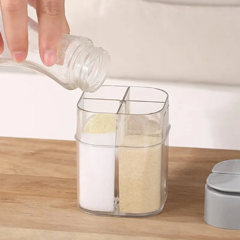 2023 New 4 In 1 Camping Seasoning Jar with Lids Transparent Spice Dispenser 4 Compartment for Cooking BBQ Salt and Pepper Shaker