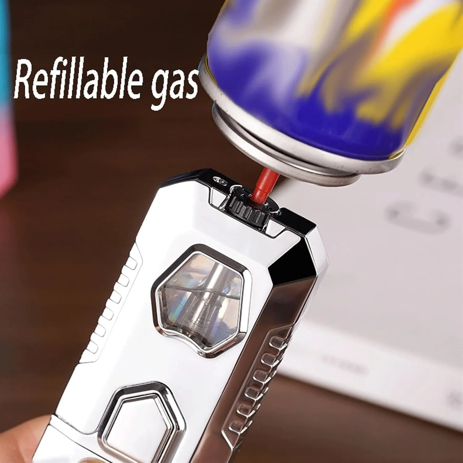 2025 Dual Flame Switching Metal Material Gas Lighter, Strong Wind Resistance, Adjustable Flame Size, Visible Butane Fuel Window, Portable Design, Suitable For Candle Camping, Etc. (butane Not Included