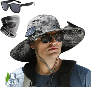 2025 New Ultralight Solar Fan Sun Hat with Two Fans Solar Power,Wide Brim Solar Fan Outdoor Fishing Hat-Solar & USB Charging
