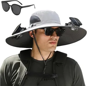 2025 New Wide Brim Solar Fan Hat, Hat with Fans Solar Power for Men Women Fishing Hat Solar & USB Charging